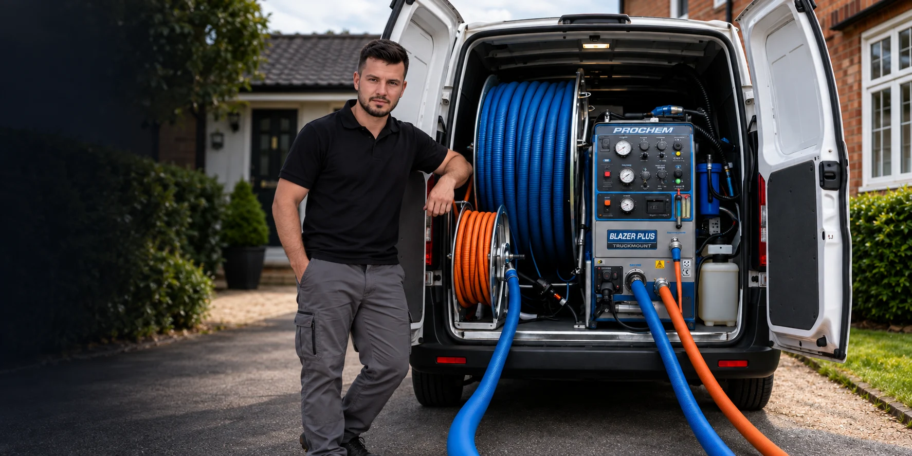 Pedro beside Appolo’s van in an illustrative truck-mounted cleaning image